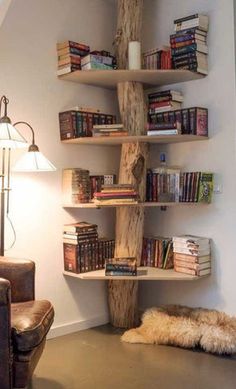 a living room filled with furniture and bookshelves next to a wall mounted lamp