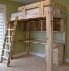 a wooden bunk bed sitting next to a window in a room with carpeted flooring