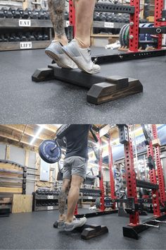 a man standing on top of a bench in a gym with his legs up and feet down