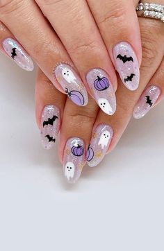 40 Cute Halloween Nail Designs Lilac Shimmery Sheer Nails I Take You Bat Nails, Nail Art Halloween, Holloween Nails, Halloween Press On Nails, Pumpkin Nails, October Nails, Nagel Tips