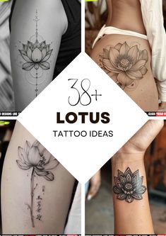 tattoos with lotus flowers on both side and the words tattoo ideas written below it in black ink