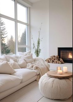 a living room filled with furniture and a fire place in front of a large window