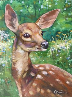 a painting of a fawn in the grass with trees and flowers behind it, looking at the camera