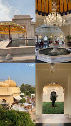 four different views of the inside of a building with chandelier, fountain and courtyard