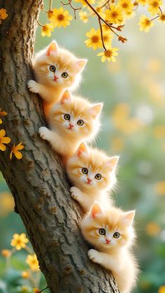 four kittens are climbing up the side of a tree in front of yellow flowers