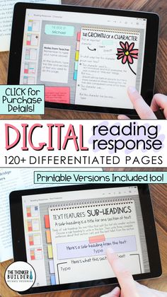 the digital reading response is displayed on an ipad with text that reads, printable versions included