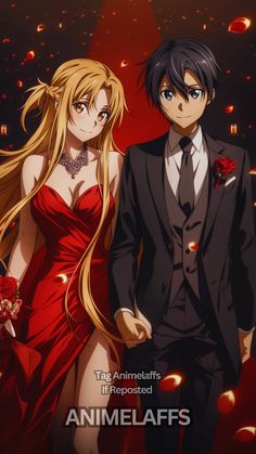 an anime poster with two people dressed in formal clothes