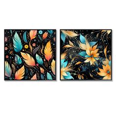 two paintings with flowers and leaves on them, one is blue and the other is yellow