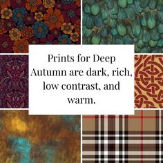 Deep Autumn 🍁❄️ Fun facts: 🍁Dark/Deep Autumn is a neutral warm season defined by depth 🍁The MOST common North American season at 12% 🍁Steals a touch of brightness from winter influence 🍁Eyes are almost always brown or hazel Want to learn more about Deep Autumn (or any season)? Comment “EXPLORE” to get the link. #deepautumn #darkautumn #autumnwinter #coloranalysis #deepautumncolors #deepautumnpalette #darkautumncolors #darkautumnpalette Dark Autumn Prints, Deep Autumn Patterns, Deep Autumn Style, Dark Autumn Outfits Style, Warm Autumn Color Palette, Bronze Autumn