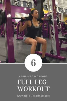 a woman squats on a bench with the text, complete workout 6 full leg workout