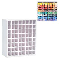 a white shelf filled with lots of different colored crayons and some sort of bins