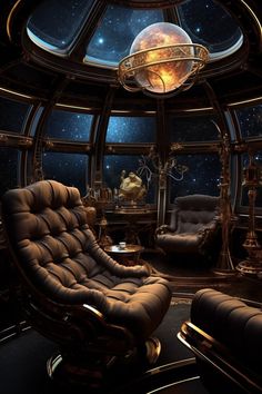 a living room filled with lots of furniture under a sky filled with stars and planets