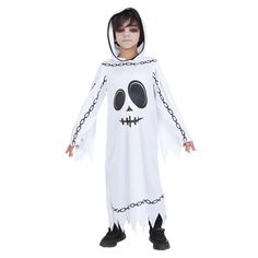 a boy in a white ghost costume with chains on his feet and hands, standing