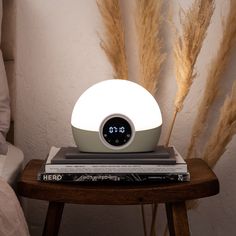 an alarm clock sitting on top of a table next to a stack of books and plants