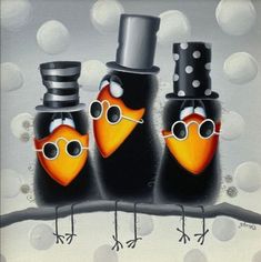 three birds wearing glasses and hats on a branch