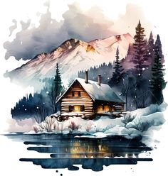 a watercolor painting of a cabin in the snow with mountains and trees behind it