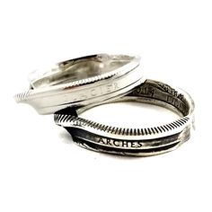 90% Silver National Park Twisted Quarter Ring. These coin rings are handmade to order using actual United States 90% silver proof quarters. Because of the high silver content of these coins these rings will not irritate your skin. The shank (width of the ring) of these rings measures approx. 4mm, the larger the ring the narrower the band becomes. Please keep in mind that the National Park name will be right side up and "United States of America" will be upside down. These rings are meant to cele Quarter Ring, Coin Rings, Quarter Dollar, Silver Stacking Rings, Coin Ring, Us Coins, In God We Trust, Polish Jewelry, Upside Down