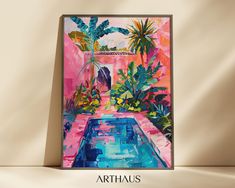 an abstract painting of a pool surrounded by palm trees and other tropical plants, with the words arthauss above it