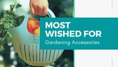 a person holding a basket full of fruit and vegetables with the words most wishes for gardening accessories