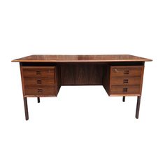 a wooden desk with three drawers on one side and an open drawer on the other