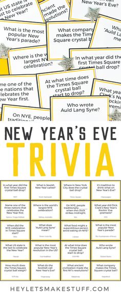 the new year's eve trivia game is shown in yellow and white with black lettering