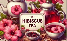 a painting of hibiscus tea surrounded by pink flowers and other things to drink