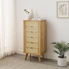 a small wooden cabinet next to a potted plant in a room with white walls