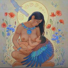 a painting of a woman holding a baby in her lap with flowers and birds around her