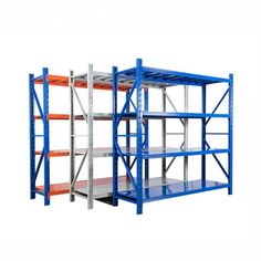 an industrial shelving unit with four shelves