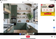 an image of a kitchen with green cabinets and white counter tops on the web page