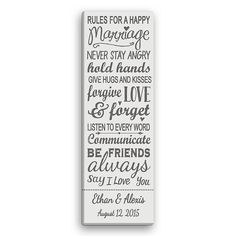 a wooden sign that says rules for a happy marriage