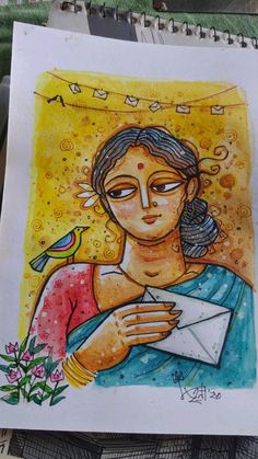 a drawing of a woman with a bird on her shoulder holding an envelope in her hand