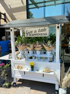 an outdoor stand with plants and flowers on display in front of a building that says give a little happiness