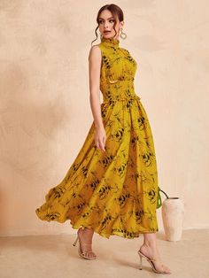 Multicolor Boho  Sleeveless Polyester Floral,All Over Print A Line Embellished Non-Stretch Summer Women Dresses Stylish Maxi Dress, Yellow Floral Dress, Womens Floral Dress, Elegant Dresses Long, Women Long Dresses, Yellow Floral, Dress P, Fashion Online Shop, Floral Dress