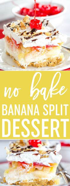 no bake banana split dessert on a plate