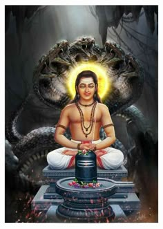 the person is meditating in front of a snake with its head on his chest