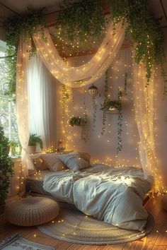 an unmade bed with white sheets and fairy lights on the headboard is surrounded by greenery