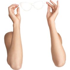 two hands holding up white sunglasses on top of each other, both with their arms in the air