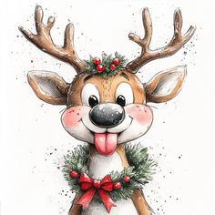 a drawing of a deer with christmas decorations on it's antlers and tongue sticking out