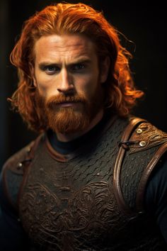 a man with red hair and beard wearing armor