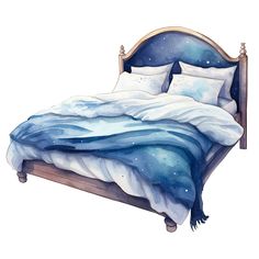 a watercolor painting of a bed with blue and white sheets