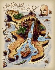 a drawing of a small island with a waterfall in the middle and lots of other things around it