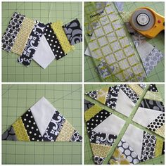 four pictures showing the process of making a quilt