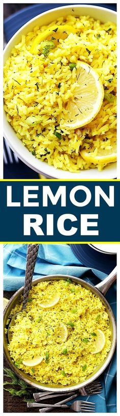 lemon rice in a pan with the title above it