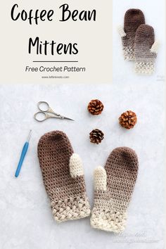 crocheted mittens with pine cones and scissors