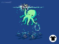 an octopus with a bottle floating in the ocean