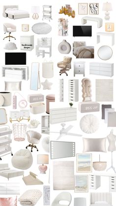 an assortment of white furniture and accessories arranged in the shape of a heart on a white background