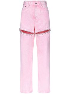 powder pink cotton denim crystal embellishment cut-out detailing straight leg high waist belt loops concealed fly and button fastening classic five pockets Leni Klum, Yoko London, City Dress, Pink Jeans, Summer Beach Wear, Powder Pink, Top Shoes, T Shirt Dress, All Fashion