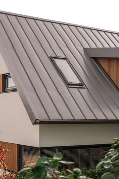 a house with a metal roof and two windows