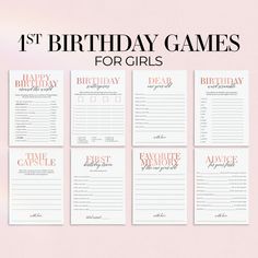 8 birthday games for kids with the words happy birthday written in pink and orange on them